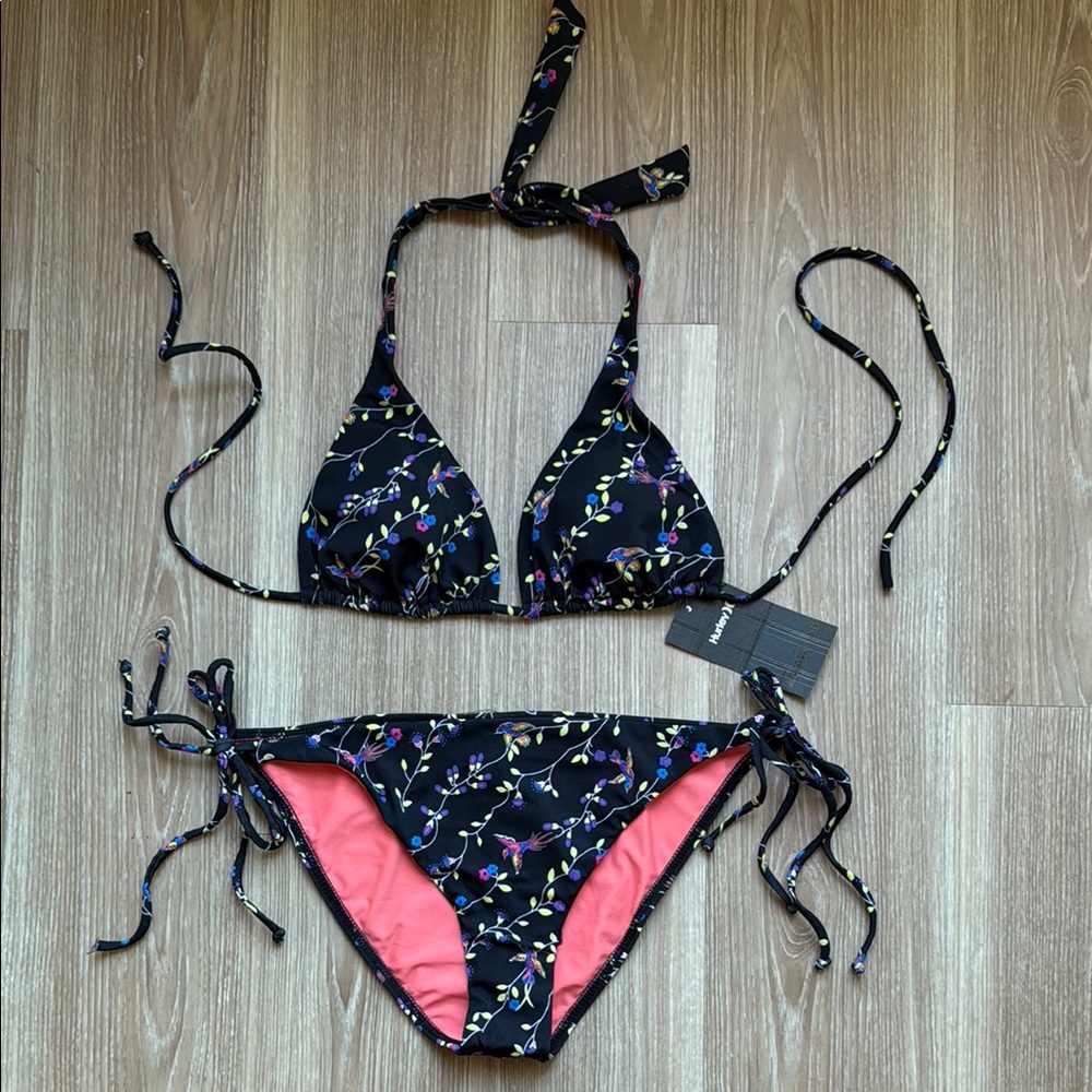 HURLEY Floral and Bird Black Bikini Set; brand new with tags!